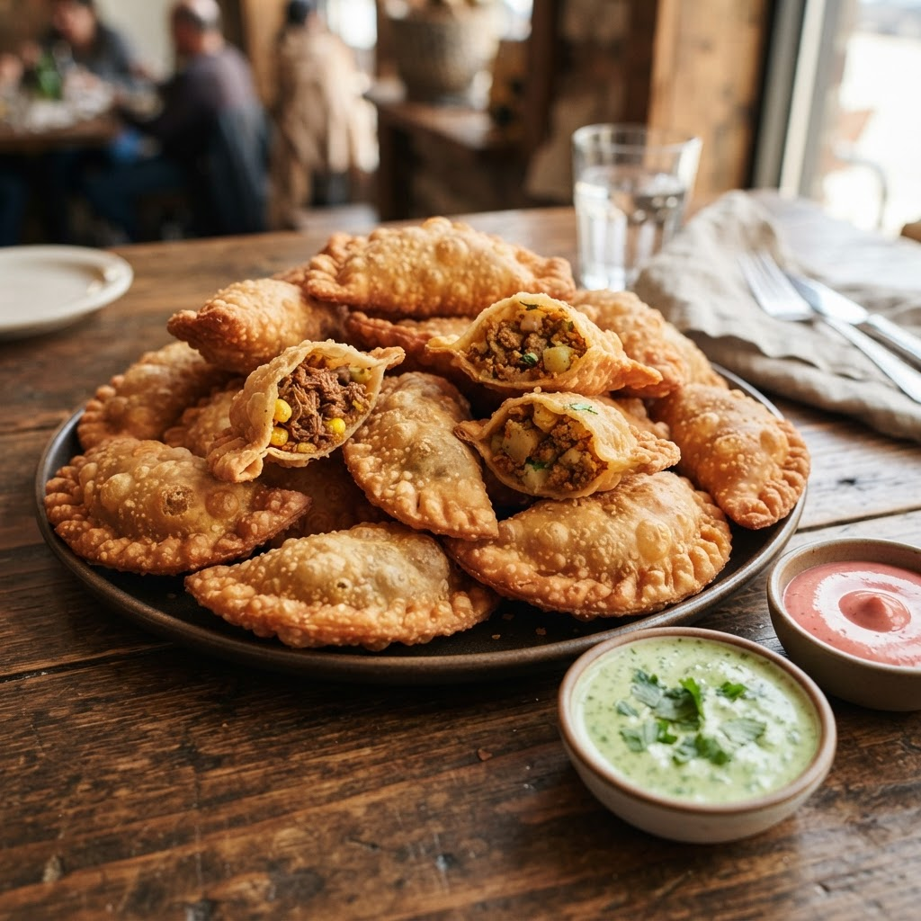 A generous serving of crispy fried golden empanadas with dipping sauces
