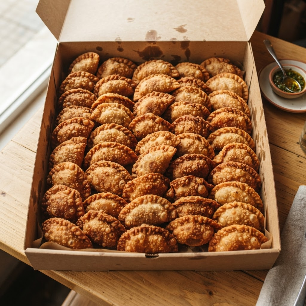 A catering box filled with Sr Empanada Chicago fried empanadas