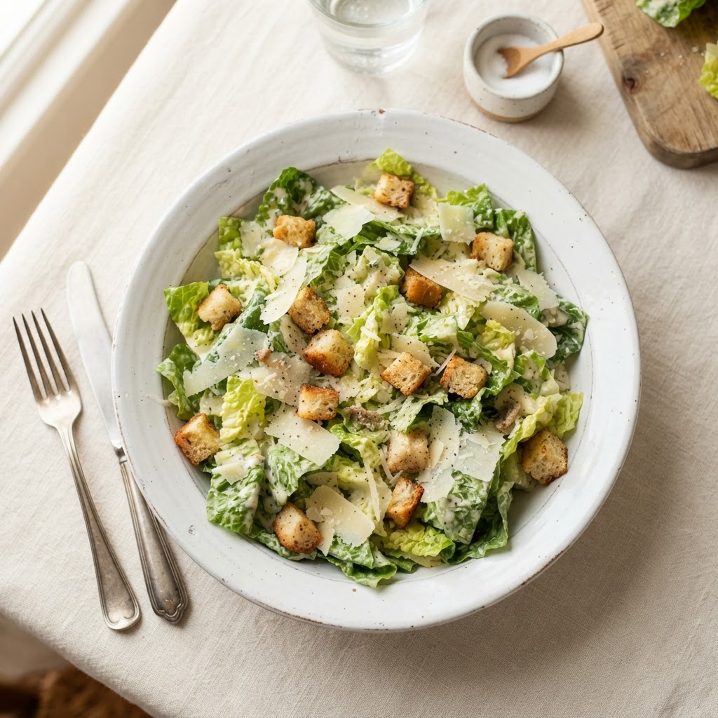 Classic Caesar: An individual serving of crisp romaine lettuce, grated Parmesan cheese, and crunchy garlic croutons, served with creamy Caesar dressing.
