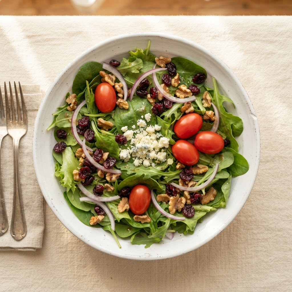 Harvest Berry Salad: An individual serving of fresh spring mix topped with gorgonzola cheese, dried cranberries, walnuts, red onions, and grape tomatoes, served with raspberry vinaigrette.