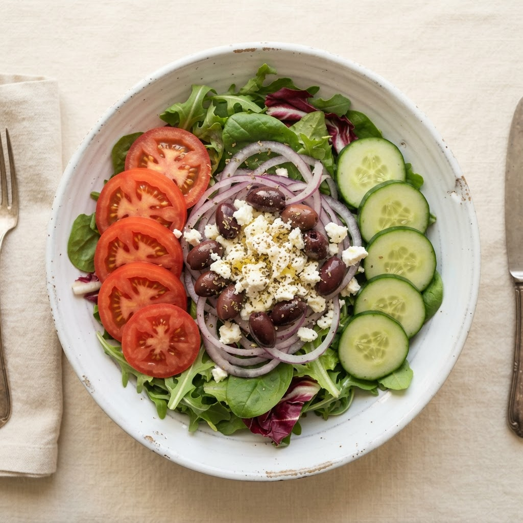 Mediterranean Garden Salad: An individual serving of crisp romaine lettuce topped with vine-ripened tomatoes, fresh cucumbers, red onions, black olives, and crumbled feta cheese, served with Greek vinaigrette.